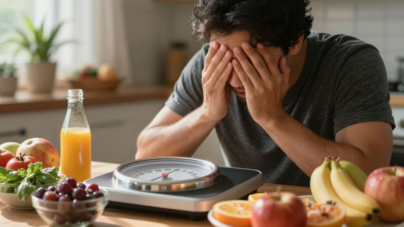 Pessoa frustrada com balança e opções de comida.